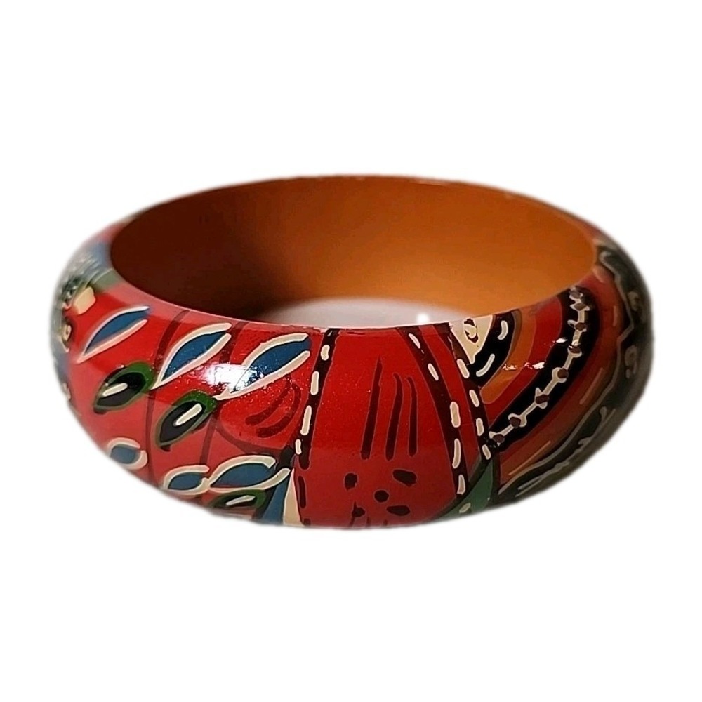 Vintage Tribal Handpainted Wooden Bangle Bracelet Colorful Patterns Boho